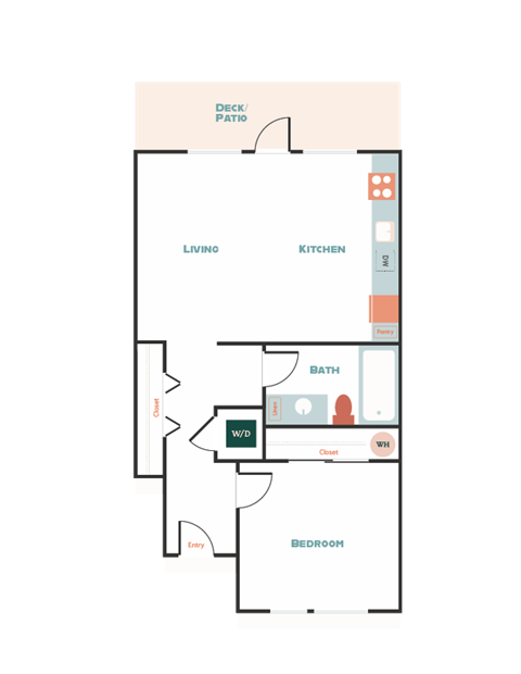 Floor plan for 1 bed, 1 bath, 640 sqft